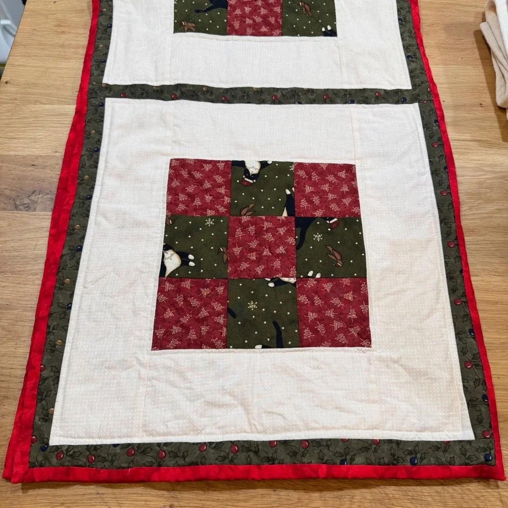 Handmade Quilted Christmas Table Runner Tuxedo Cat Holiday Decor Red Green 50x15